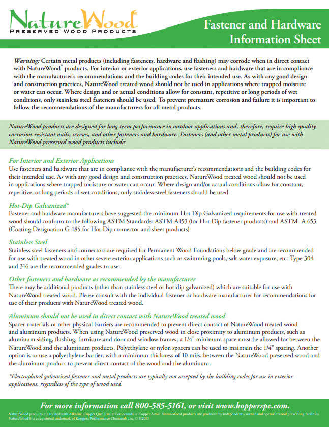 NatureWood fastener and hardware info